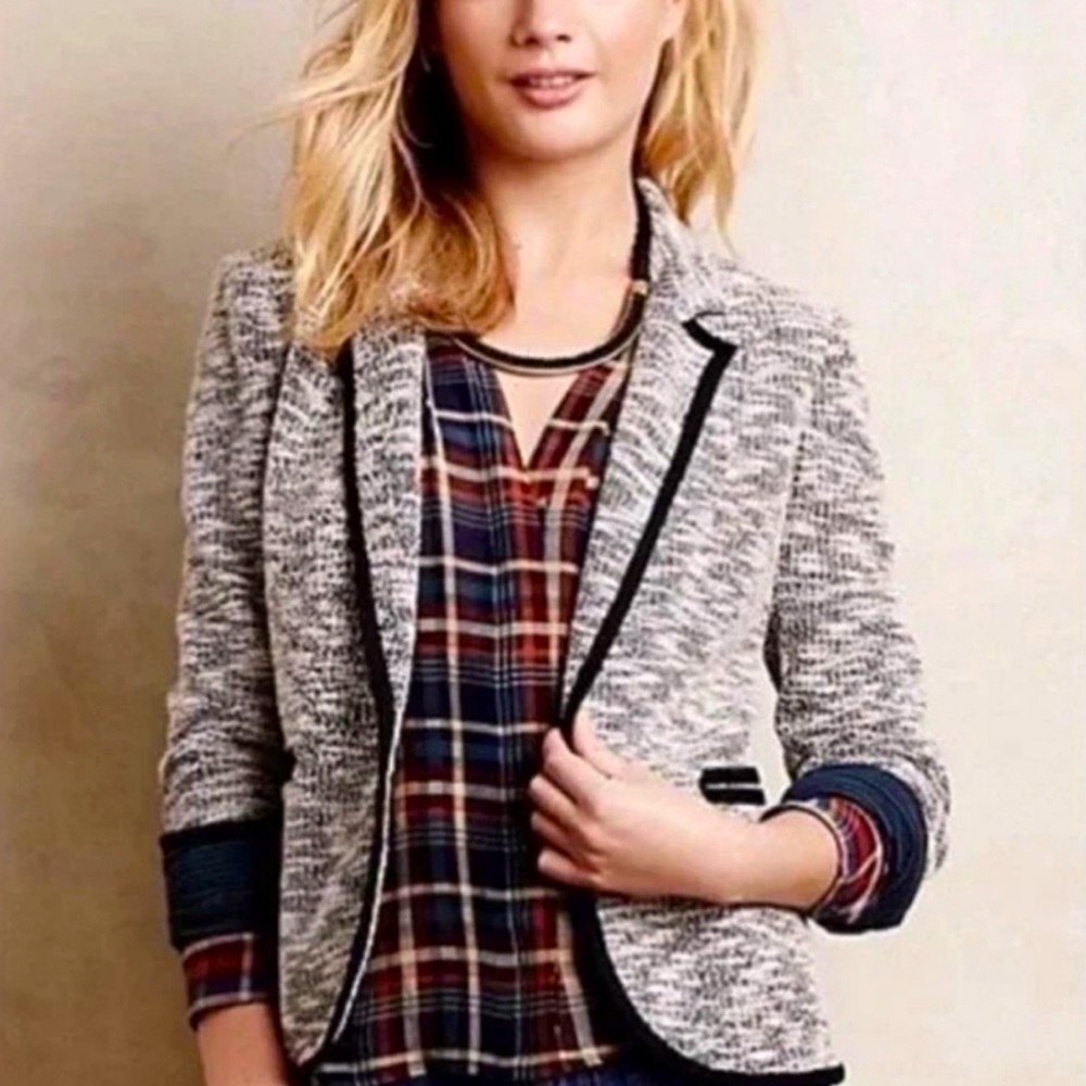 Anthropologie Cartonnier Tweed Textured Blazer Jacket Black Cream
